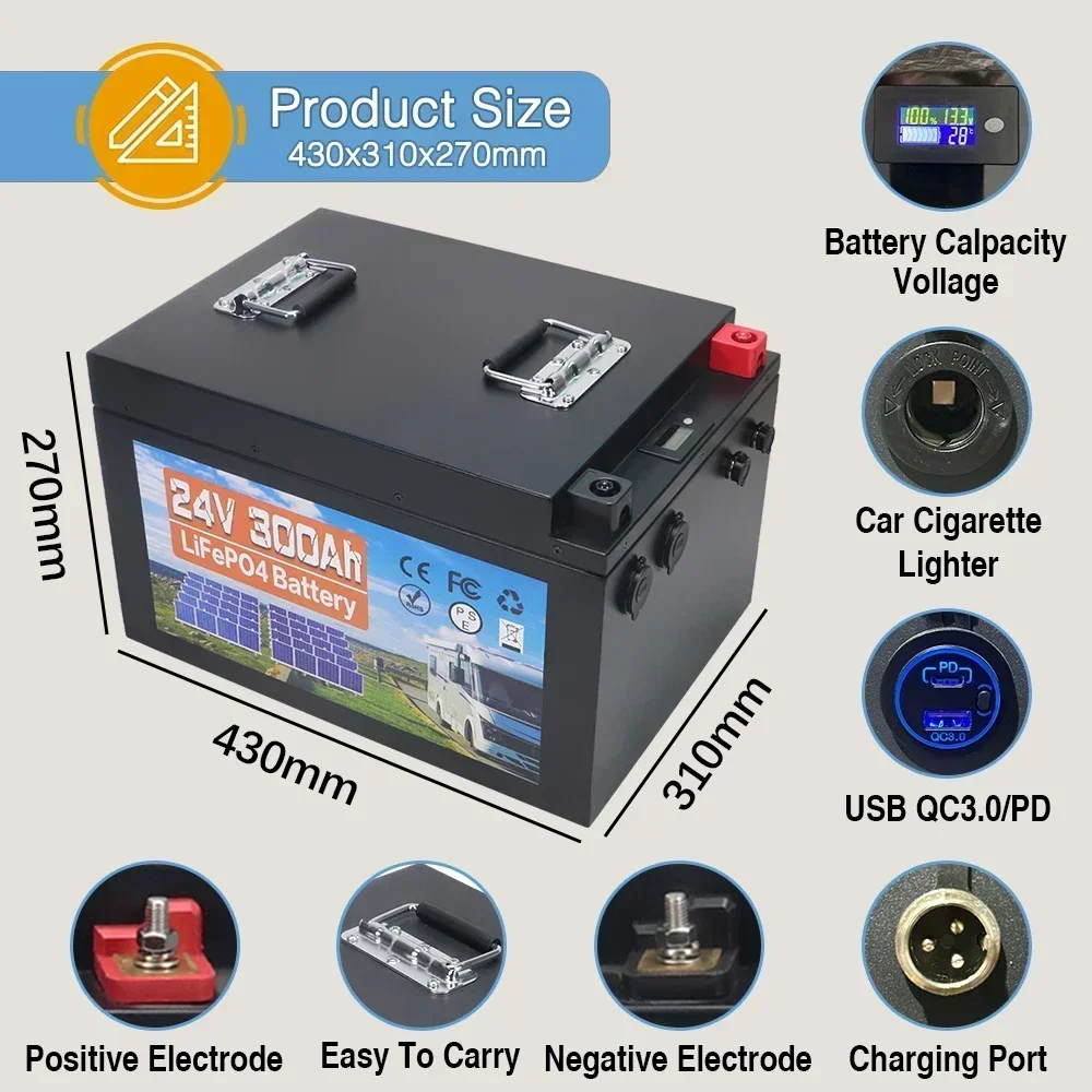 New 24V 300Ah LiFePO4 Battery Built-in BMS Lithium Iron Phosphate Cells Pack 6000 Cycles For RV Campers Golf Cart Solar Storage