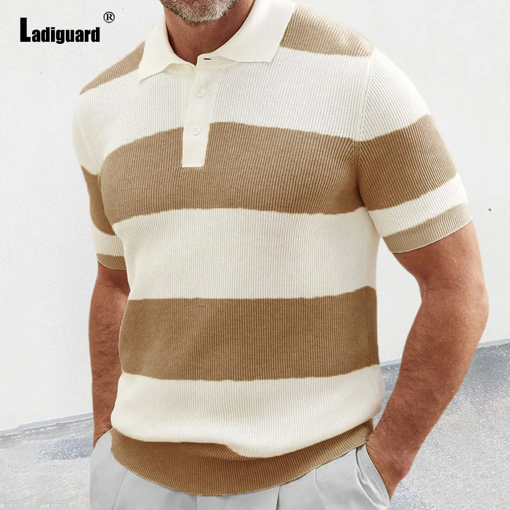 

Ladiguard 2024 Summer New Knitting Polo Shirt Plus Size 3xl Mens Casual Retro Stripes Beach Top Pullovers Short Sleeve Knitwear