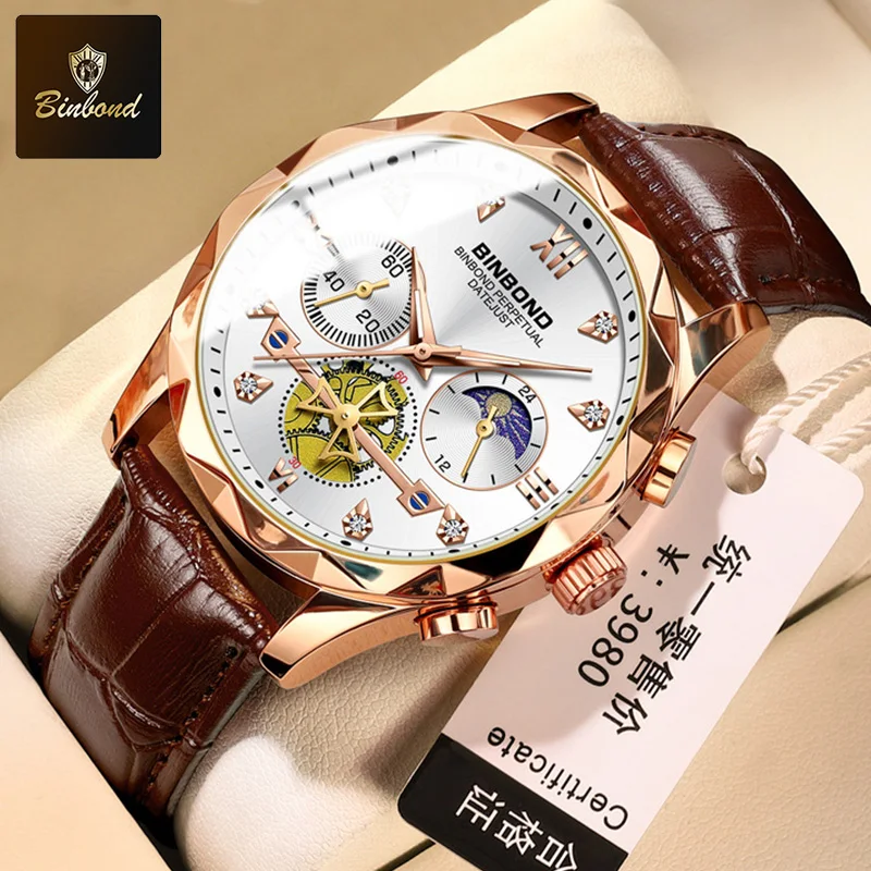 BINBOND New Business Men's Watch Leather Strap Diamond Rome Scale Dial Luxury Quartz Watch Waterproof Luminous Timer Man Watches