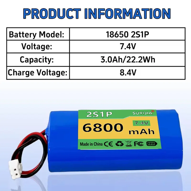 Batterie Lithium-ion 2S1P 7.4V 6800mAh, Rechargeable 18650 Pour Appareil Photo, Batterie De Secours Pour Jouet Électrique
