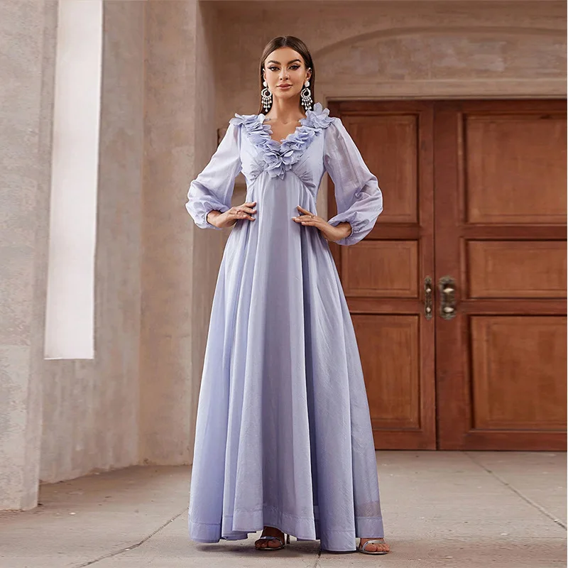 Faionable 3D الأزهار الدكتور مساء الاسمية فستان حفلات خادمة orm عالية الخصر ألف خط تنورة طويلة Sve V-Ne البوليستر