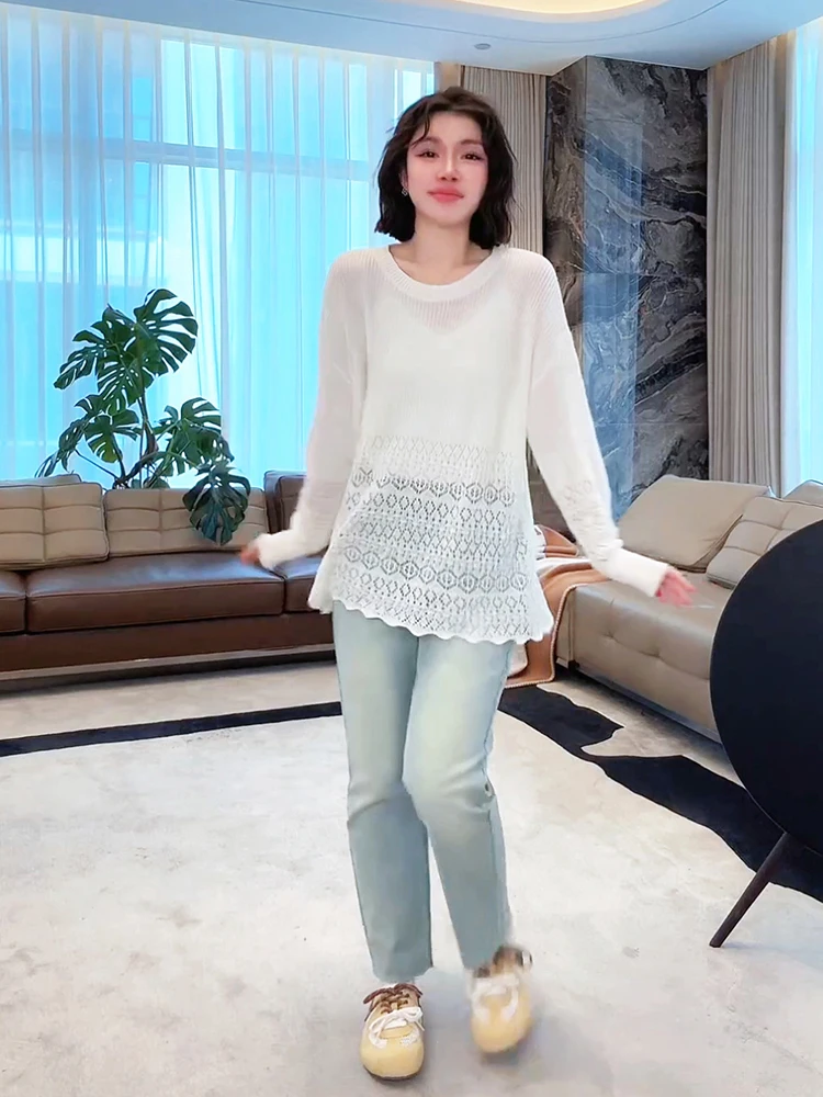 

Linen Lyocell Blend Slimming Faionable Knitted Hollow out Lazy Top Ice Linen Knitwear Versatile Spring Season Ladies Tee