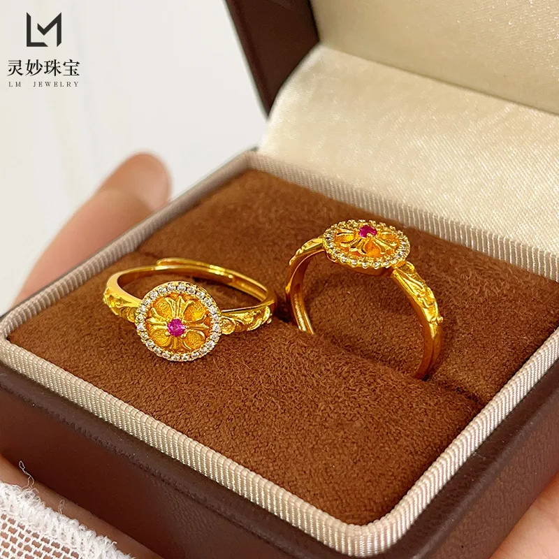 

9999 24K real gold luxury jewelry rose red dot diamond Croheart ring golden filigree ring fashion retro women