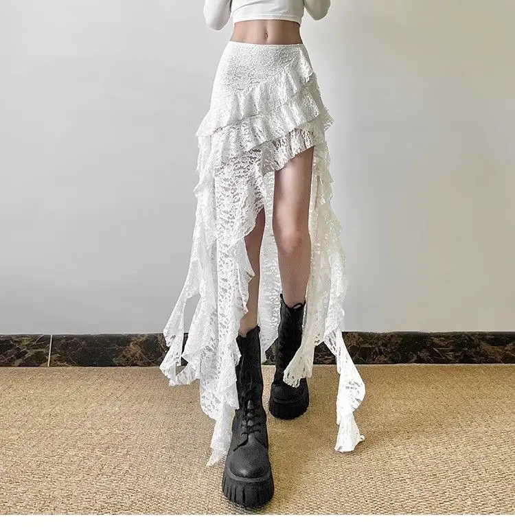 Lotus Leaf Splicing Lace Slimming Skirt High Gothic Waisted Tassels Irregular Hem Multi-Layered Ruffles Spicy Girl Short Skirt