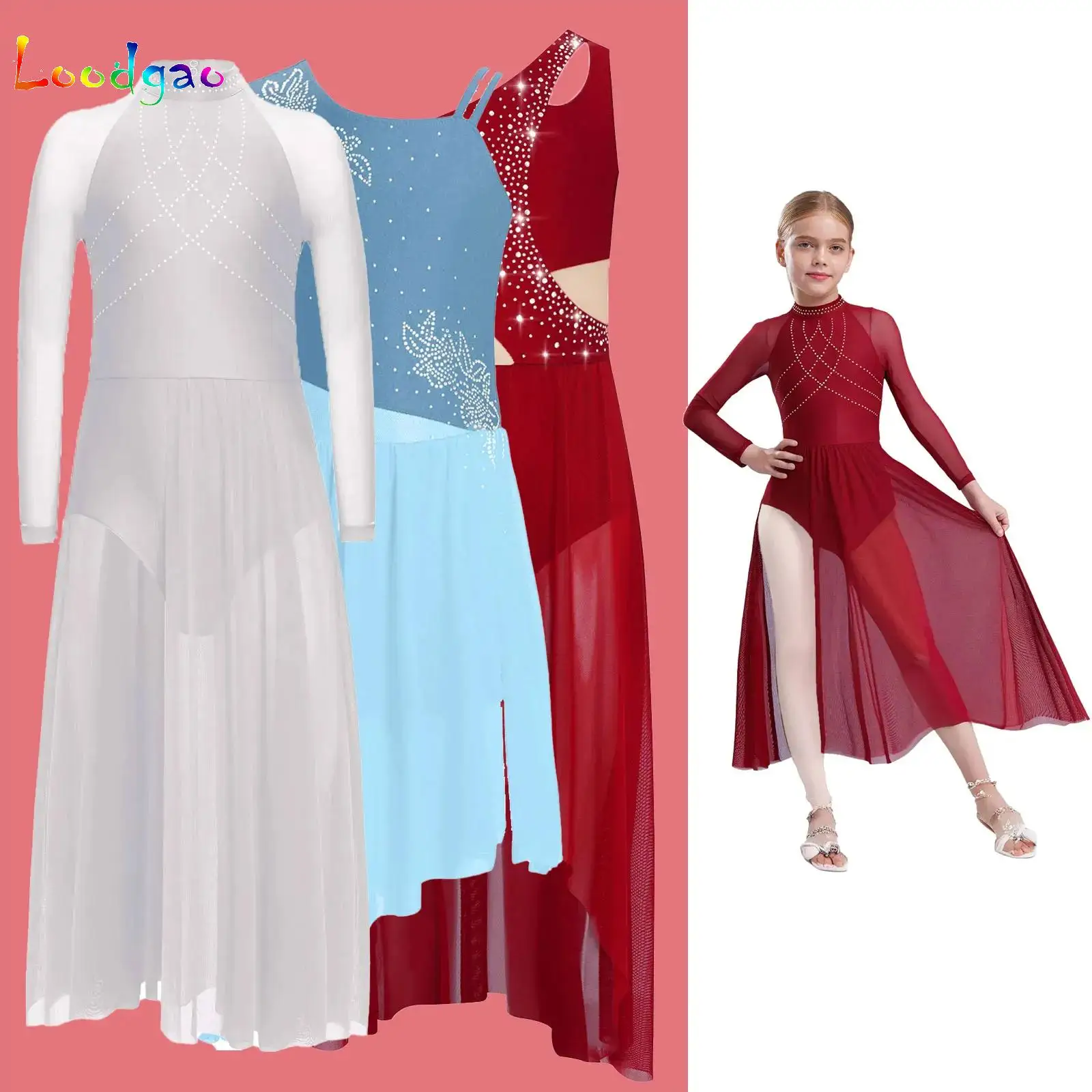 

Kids Girls Lyrical Modern Dance Performance Dress Rhinestones Split Ballet Gymnastics Skirt Leotard Figure Ice Skating Dancewear