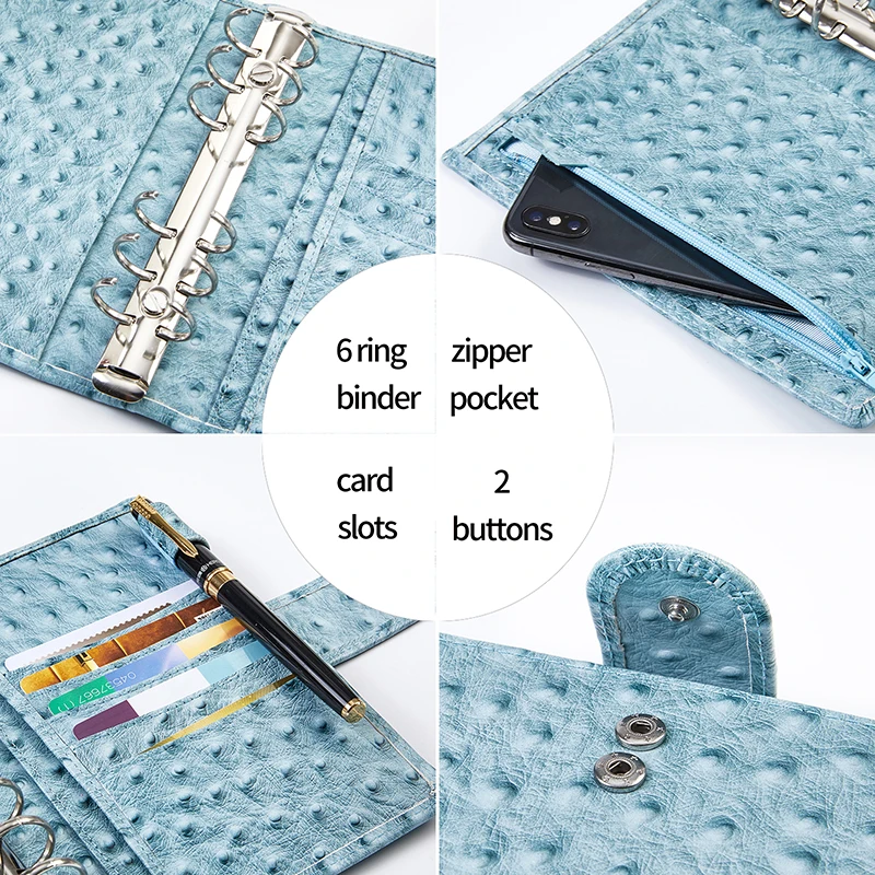 Smartfee A6 Leather Notebook Ostrich Style Pocketbook Binder Photocards A6 Notebook Agenda Budget Planner Notepad With the Rings