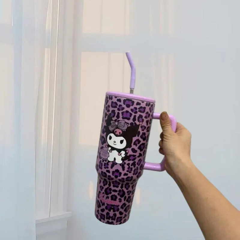 헬로 키티 텀블러 빨대와 손잡이 포함 차량용 컵 스테인리스 스틸 컵 레오파드 디자인 미끄럼 방지 베이스 여행용 머그 물병