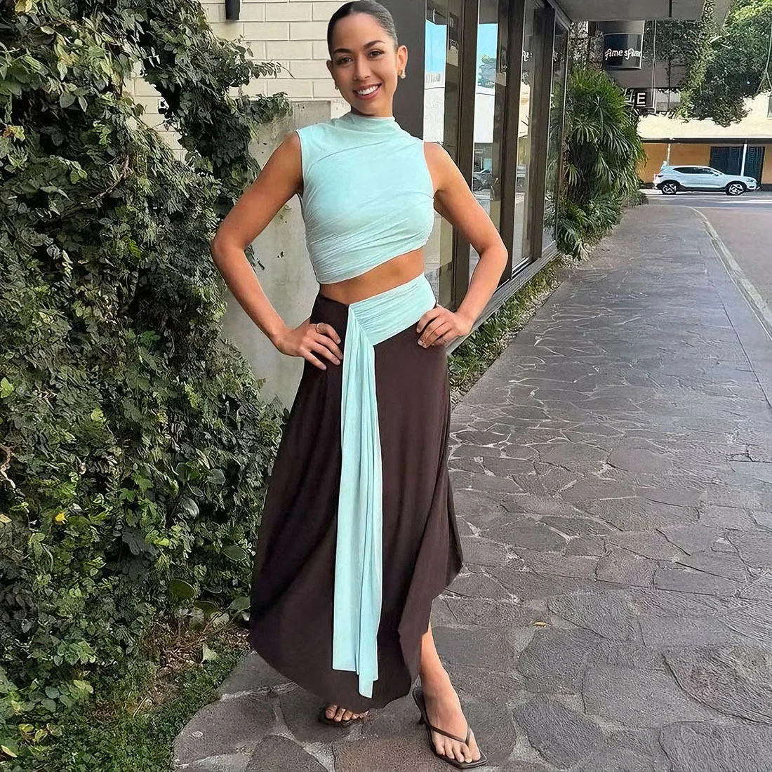 Sexy retalhos saias conjuntos de duas peças para mulheres moda sem mangas regatas e saias longas feminino conjuntos de vestido casual 2026