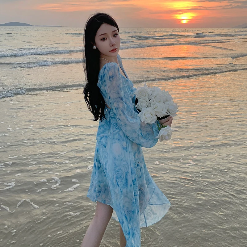 Sanya Photography Beach Dress Seaside Super Fairy Long Sleeve Tie-Dyed Backless Lace up Summer Xishuangbanna Vacation Skirt