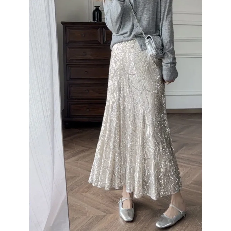 Premium Sense Shiny Sequined Skirt High Waist Fashion Fishtail Skirt Waist Thin Dress