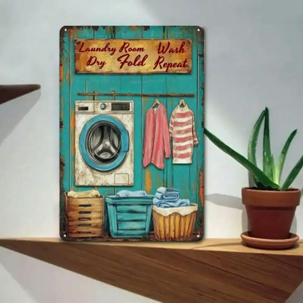 Vintage Metal Wash Dry Fold Repeat Sign Laundry Room Wall Decor Retro Tin Plaque for Home Bathroom