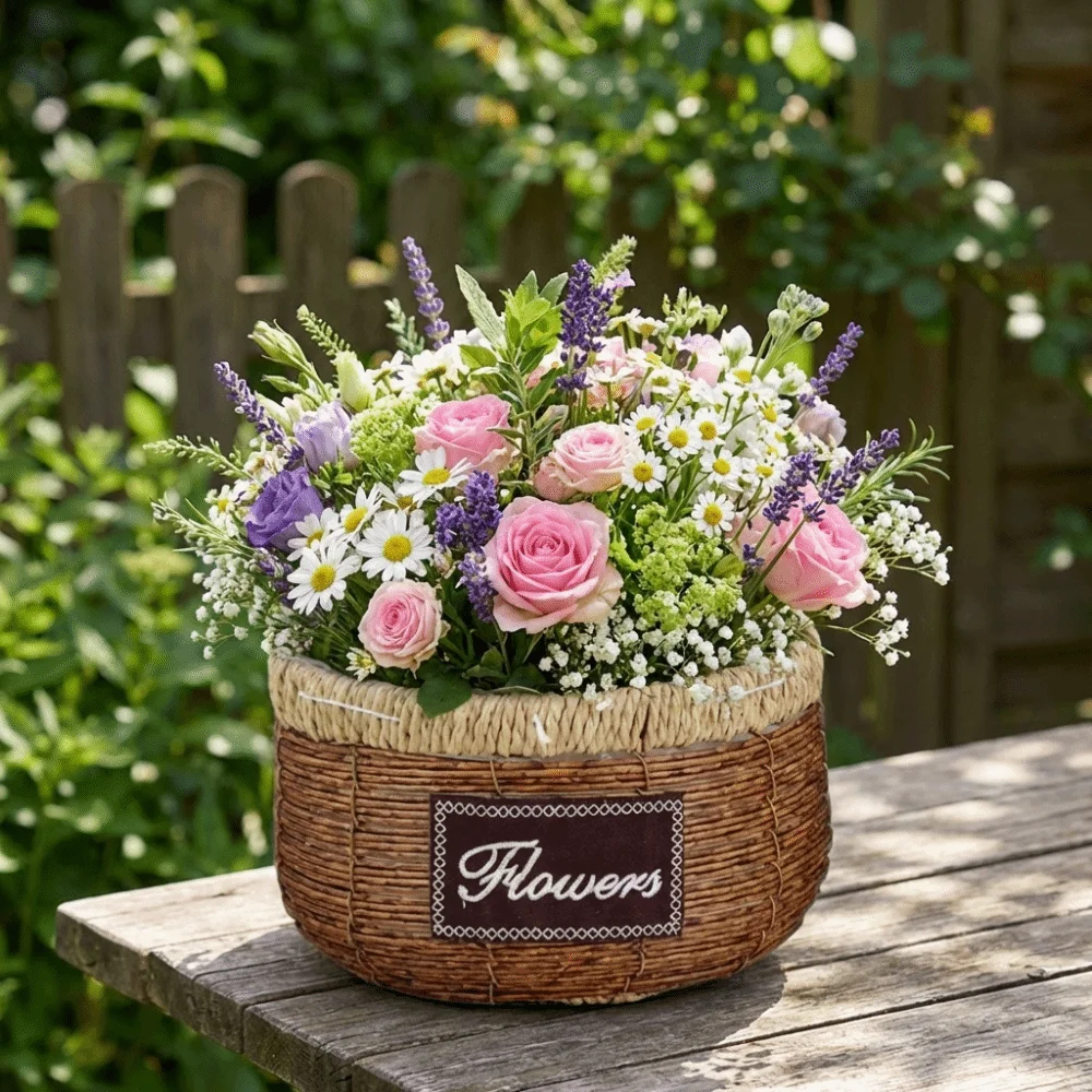 

Rustic Woven Flower Basket Sturdy Plastic Succulent Container Decorative Handcrafted Flower Shop Pots Wedding Decor