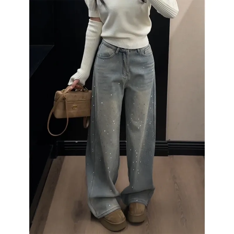 

Свободные джинсы с широкими штанинами на флисовой подкладке, прямые, женские, светло-голубые, с эффектом звездной россыпи и сверкающими стразами, весенняя новинка