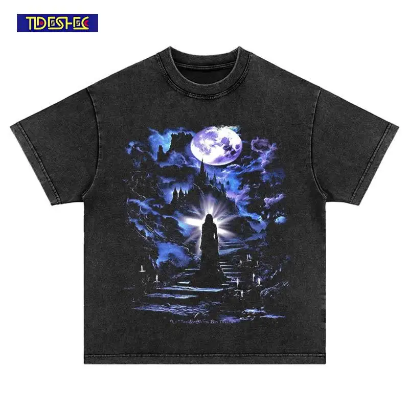 

Летняя готическая футболка в стиле хип-хоп, панк, темнота, лунный свет, уличная одежда, винтажная модная хлопковая футболка большого размера в стиле Харадзюку