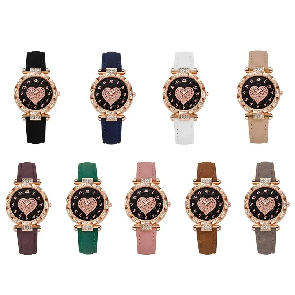 High Quality Heart Rhinestone Quartz Wristwatches Leather Strap Simple Electronic Watch Casual Wrist Watches Women
