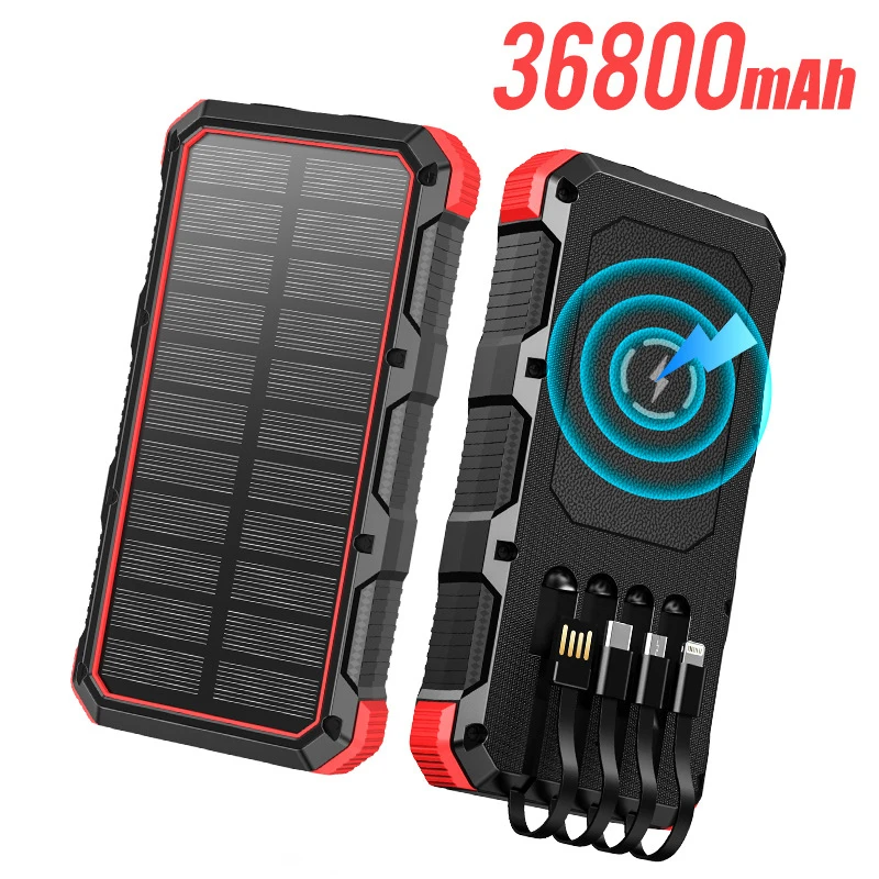 36800mAh Solar Power Bank with 4 Cables LED Light Fast Wireless Charger Powerbank for iPhone 16 15 Samsung S24 Xiaomi Poverbank