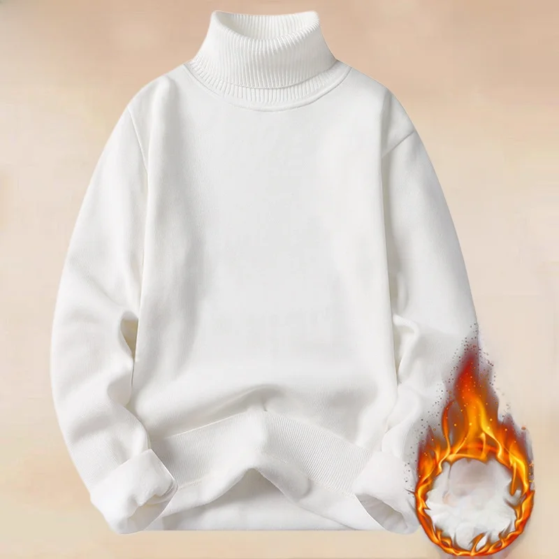 

Men's Winter Thiened Fce Lined High Collar Knitted Sweater Pure Color Woolen irt Casual Sle Polyester Fiber Long Sve