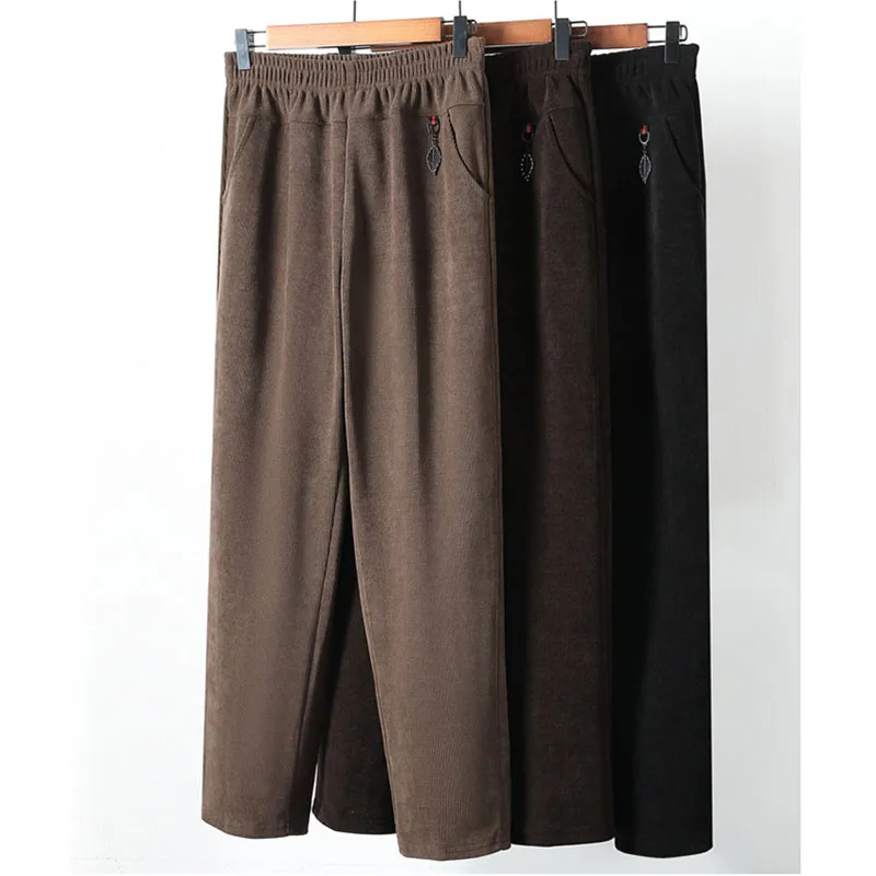 ผู้หญิง Corduroy กางเกงฤดูใบไม้ร่วงใหม่ Elastic High เอว Casual กางเกงฤดูหนาว Plush WARM ตรงกางเกงหญิงวัยกลางคนกางเกง