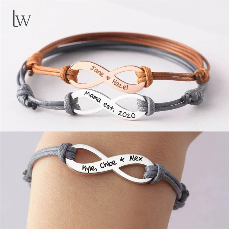 

Fashion Personalized Name Bracelets Handmade Braided Rope Custom Engraved Name Text Bracelet Infinity Couples Bracelet Jewelry