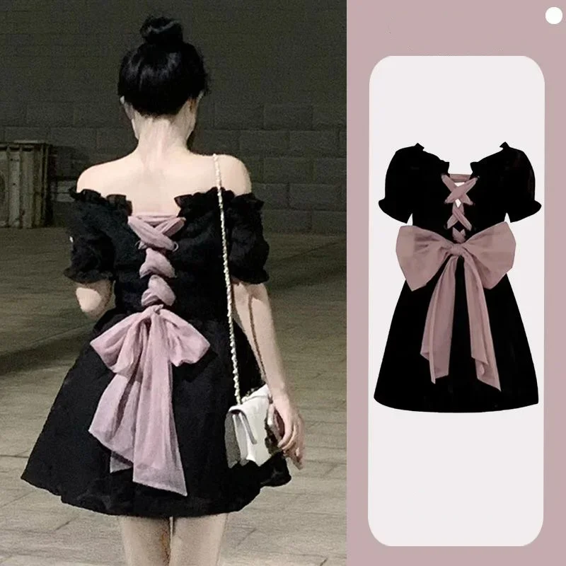 

Bow Black Mini Dress Women Elegant Gothic Short Party Dress Female Summer Vintage One Piece Dress Korean Chic Kawaii Lolita