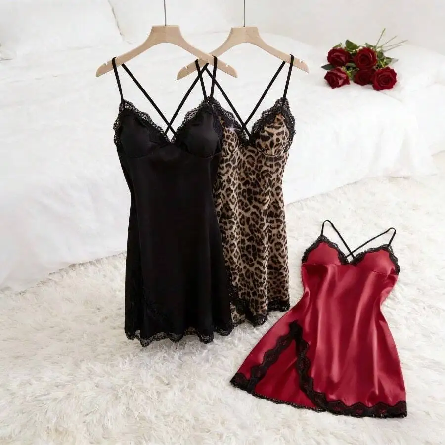 

Womens Sexy Backless Nightgown Set Leopard Print Lace Sleep Top V-Neck Sleeveless Home Wear