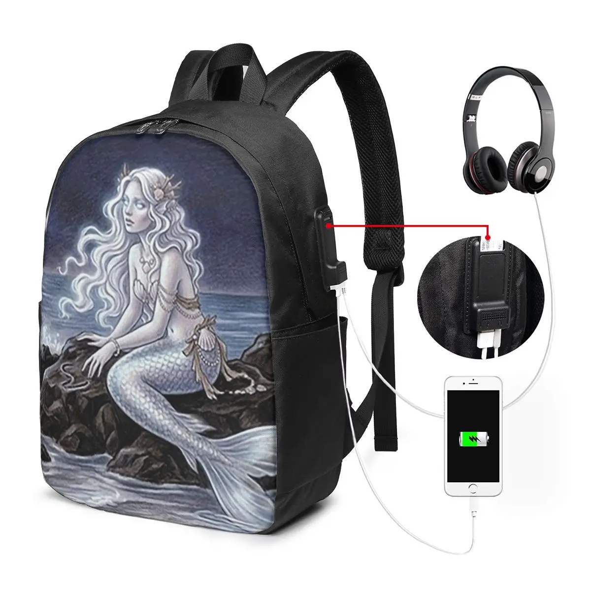 Sac à dos Captivating Mermaid By The Moonlit Ocean, sac de voyage pour ordinateur portable, sac d'école pour étudiants, sac à bandoulière pour ordinateur portable