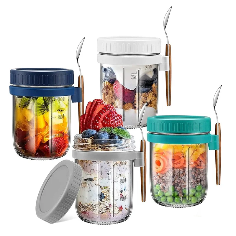 4 Pack Overnight Oats Containers with Lids and Spoons, 12 Oz Glass Mason Overnight Oats Jars, Airtight Oatmeal Container