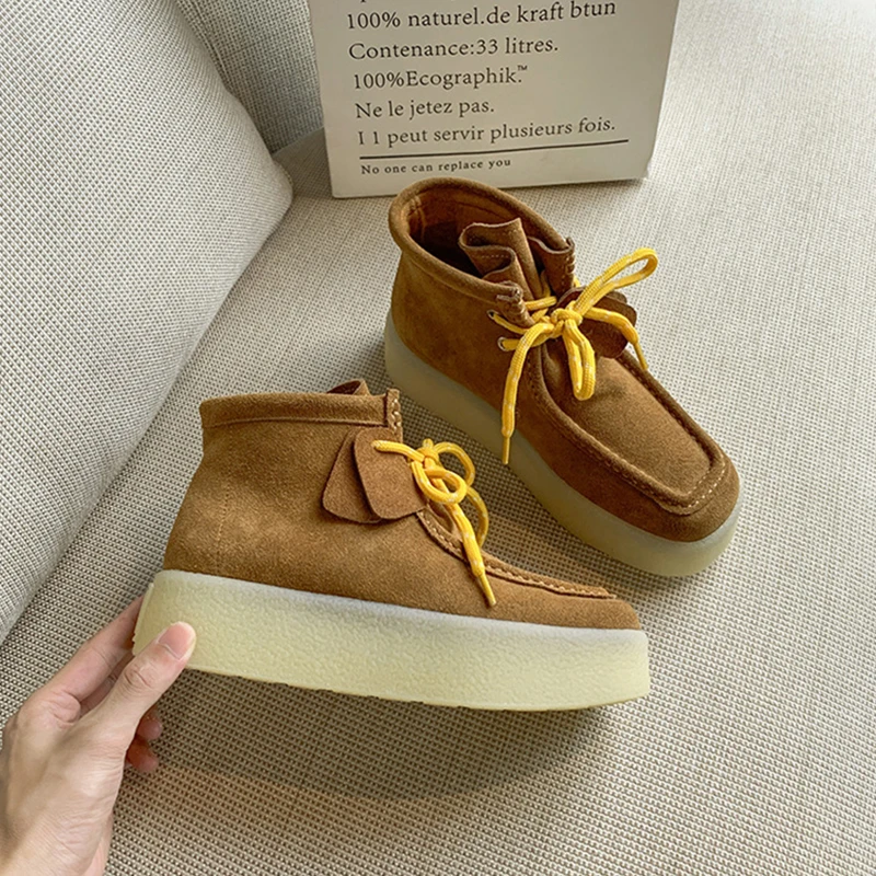 

Brand Comfortable Retro Sneakers For Women Genuine Leather Simple Platform Ankle Boots Rubber Outsole Fashion Lace-up Lady Shoes