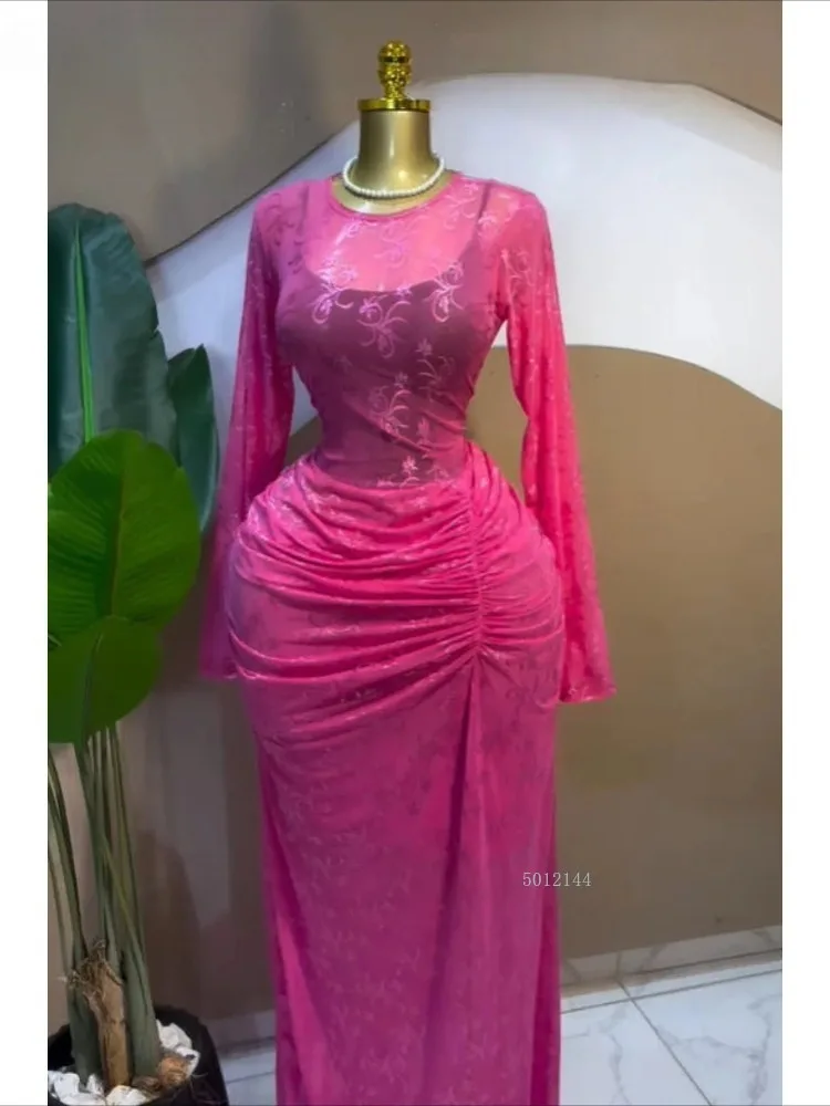 2026 Elegant Women Long Sleeve Ruched Mesh See Though with Lining Bodycon Long Dress Fall Evening Birthday Sexy Party Dresses