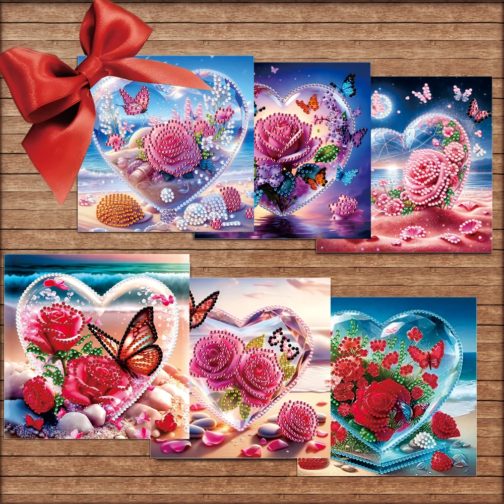 6-Piece Diamond Painting Holiday Card Kit, DIY Heart Flower Theme Series with Envelopes - Creative Gift for Birthdays and Valent