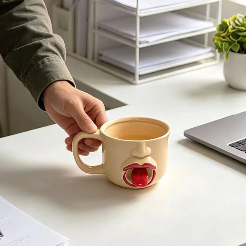 Tongue Out Face Coffee Cup with Side Handle, Daily Drink Cup for Office Desk and Kitchen Counter, Used for Tea Milk Juice Table