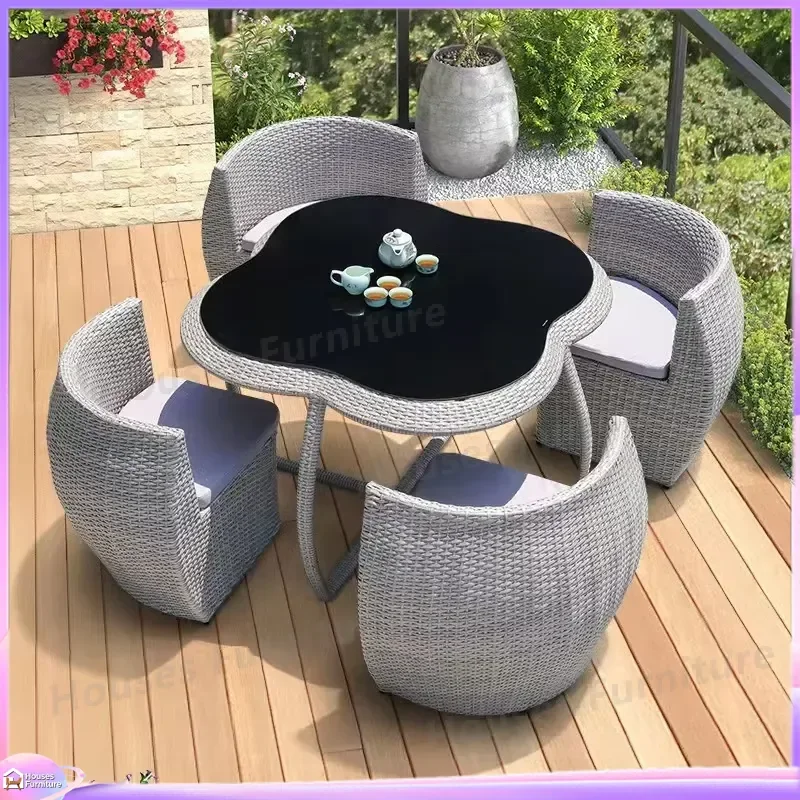 Outdoor Rattan Dining Set Wicker Garden Furniture Waterproof UV Resistant Patio Table and Chairs Combo for Backyard Lawn