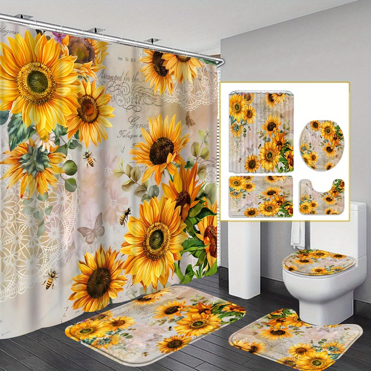 Sunlit Sunflower Shower Curtain Set - Water-Repellent & Non-Slip, Instantly Brightens Bathrooms - Perfect Modern  Decor Gift wit