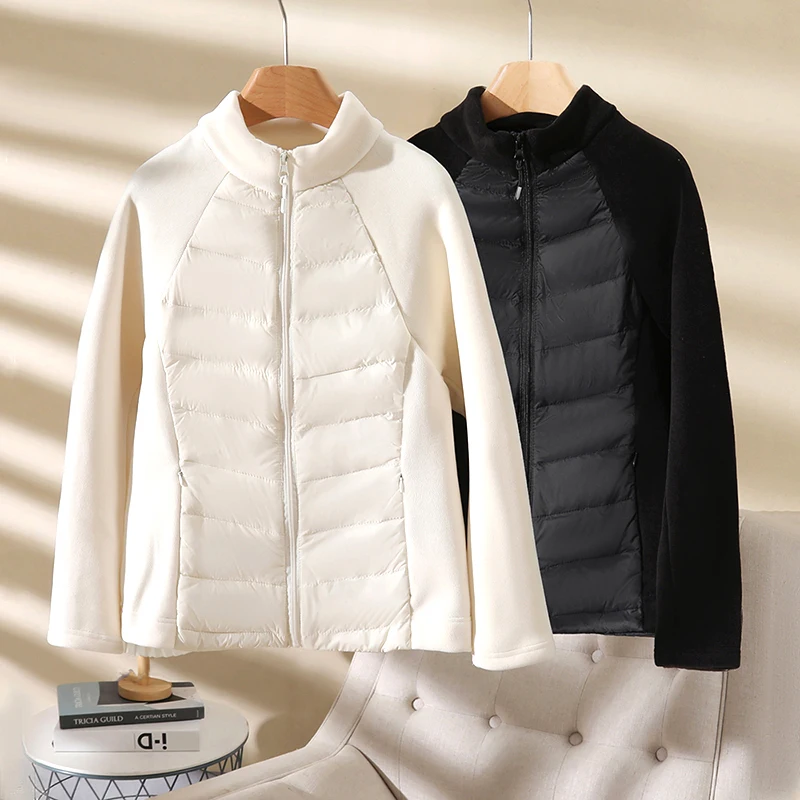 Lightweight Thin down Jaet Women's ort Thiened Stand Collar Splicing Polar Fce Inner Running Sport Outerwear