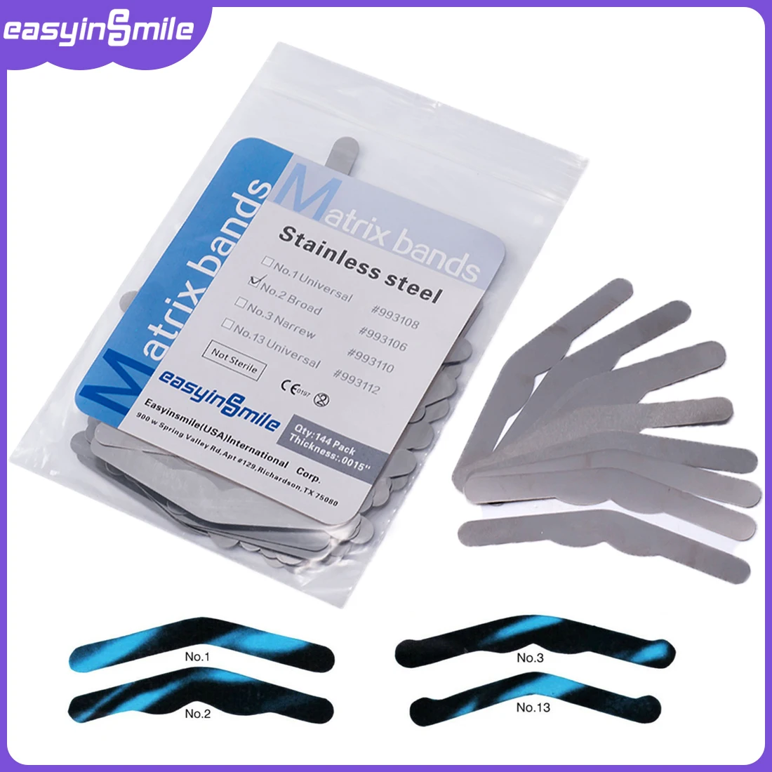 144pcs Dental Matrix Bands Stainless Steel Tofflemire Sectional Contoured Matrices .0015 inch regular Broad Narrow #1/#2/#3/#4
