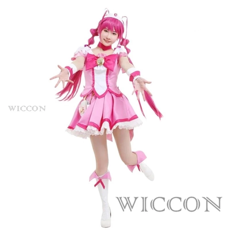 Cure Happy Cosplay Costume Hoshizora Miyuki Precure Women's Bow Battlesuit Cosplay Costume Outfits with Waist Wig Accessories