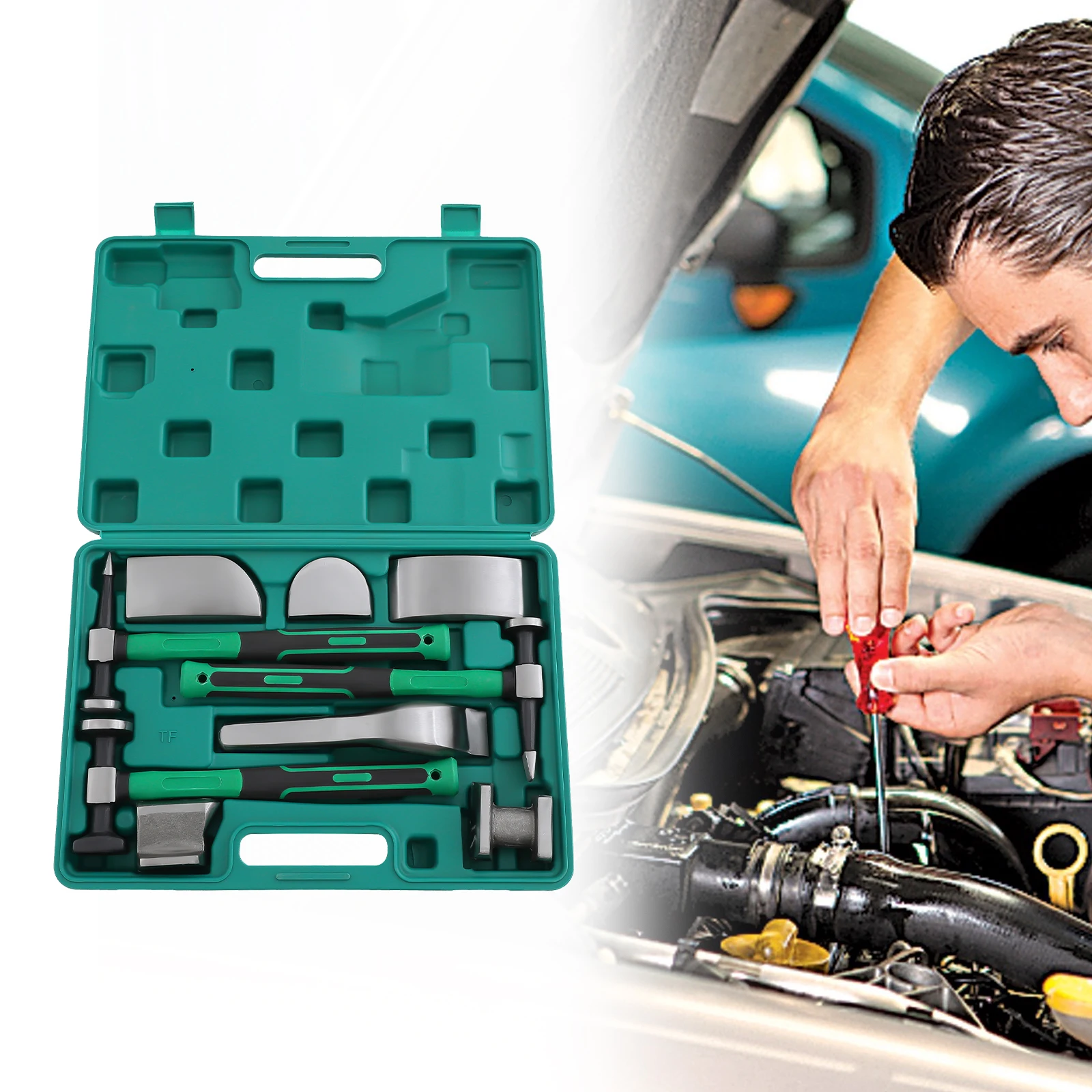 

Heavy Duty 45#steel Green 9-Piece Automobile Sheet Metal Repair Tool Set for Car Body Dents Door Dings and Washing Machines