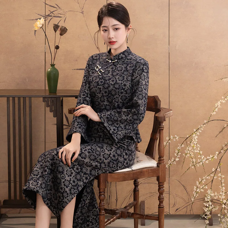 Yourqipao Gray Long-sleeved Cheongsam Modified Two-piece Tops Skirt Set Traditional Chinese Style Evening Dress for Women