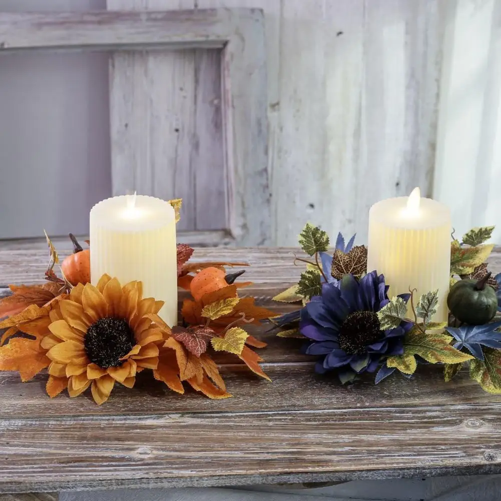 Autumn Table Decoration Fall Harvest Candle Ring Wreath Set with Artificial Pumpkins Sunflowers Maple Leaves Boho for Home