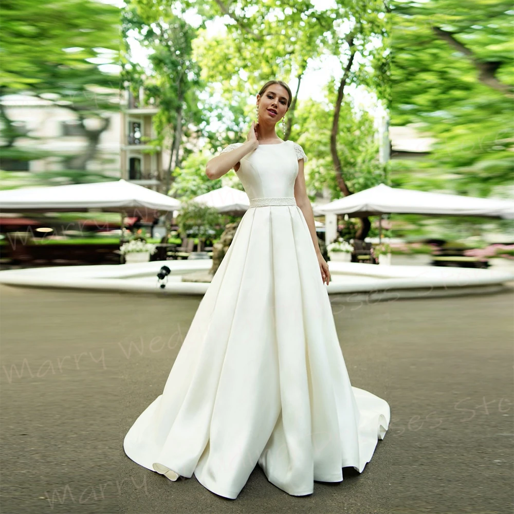 Vestidos De Novia De corte en A para mujer, Vestidos De Novia De encaje, cuello redondo generoso, Espalda descubierta, manga corta, fruncido, Simple, nuevo