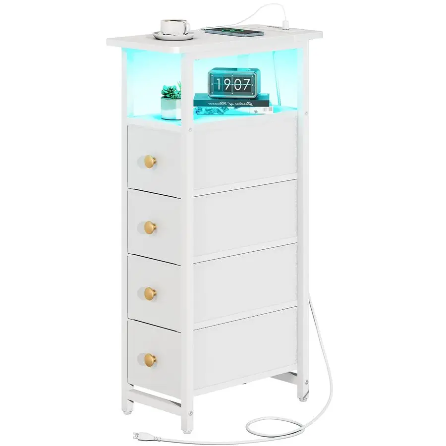 LED Narrow Nightstand with Charging Station Slim Dresser for Bedroom Narrow Side Table Storage Cabinet, Small Dressers Chest of
