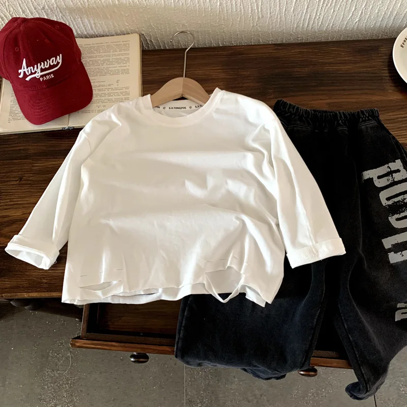 

Boys T-shirt 2025 Autumn Spring Korean Style Fashion Trendy Cotton Ripped Crewneck White Solid Color Long-Sleeve Top