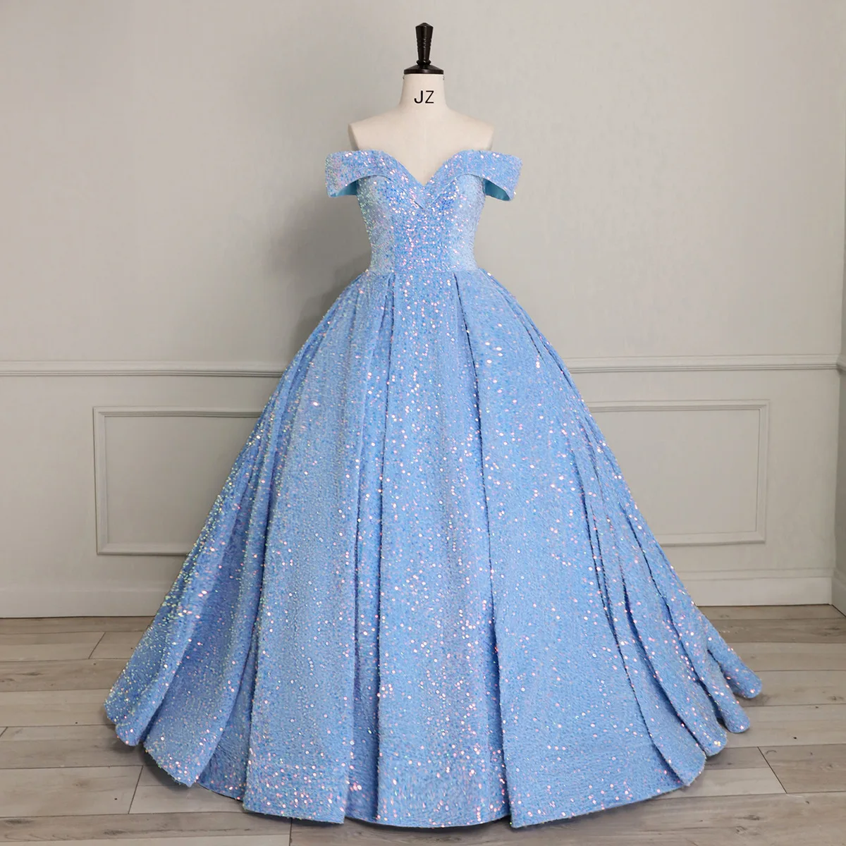 Evening Dress Short Sleeves Sequins Ball Gown Boat Neck Lace Up Floor-Length Sky Blue Party Formal Dresses Women