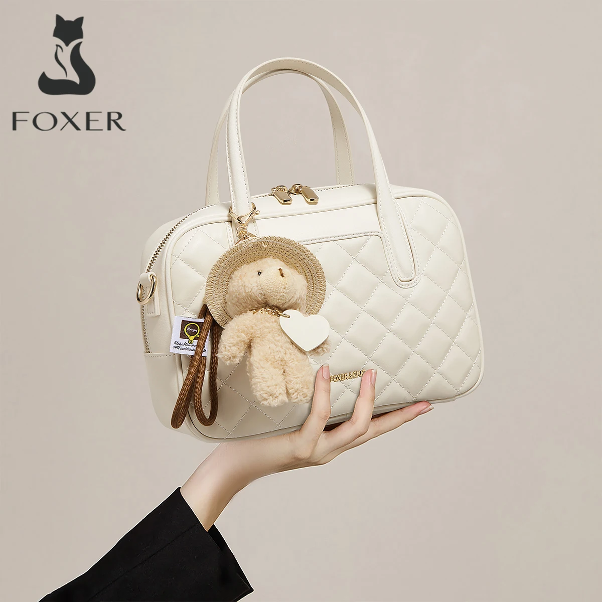 

Женская сумка FOXER из натуральной кожи с милым брелоком-медведем, портативная, стеганая, на каждый день, для работы, через плечо