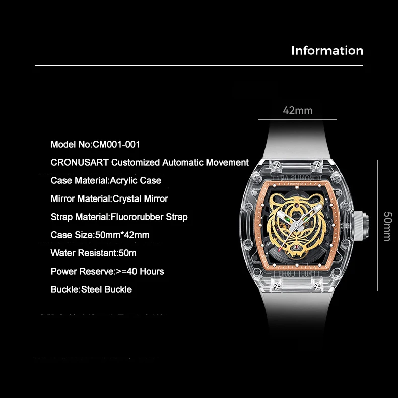 CRONUSART Men Automatic Watch Luxury Tonneau Mechanical Wristwatch Acrylic Case Luminous Fluororubber Strap Skeleton Tiger Dial