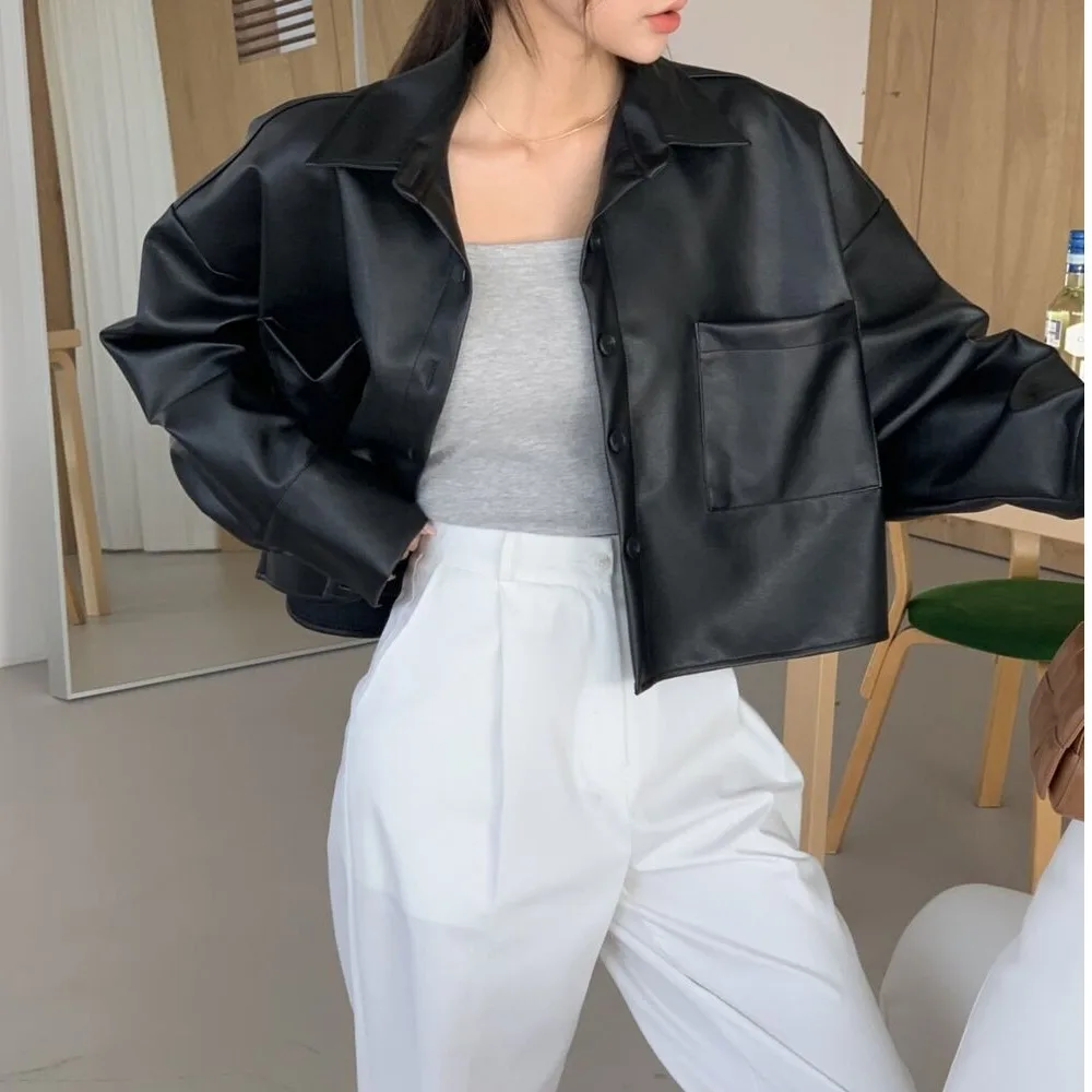 Spring Faion Eenvoudige elegantie Enkele knop ort Dames Retro Casual irt-leer Jaet Bovenkleding Veelzijdige straat Sle