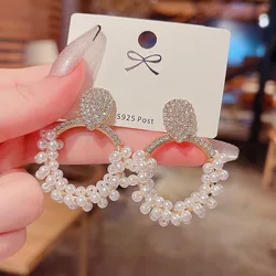 New Fashion Round Pearl Earrings Women Geometric Zircon Heart Gold Color Earring Wedding Accessories Gifts 2020 Trendy Jewelry