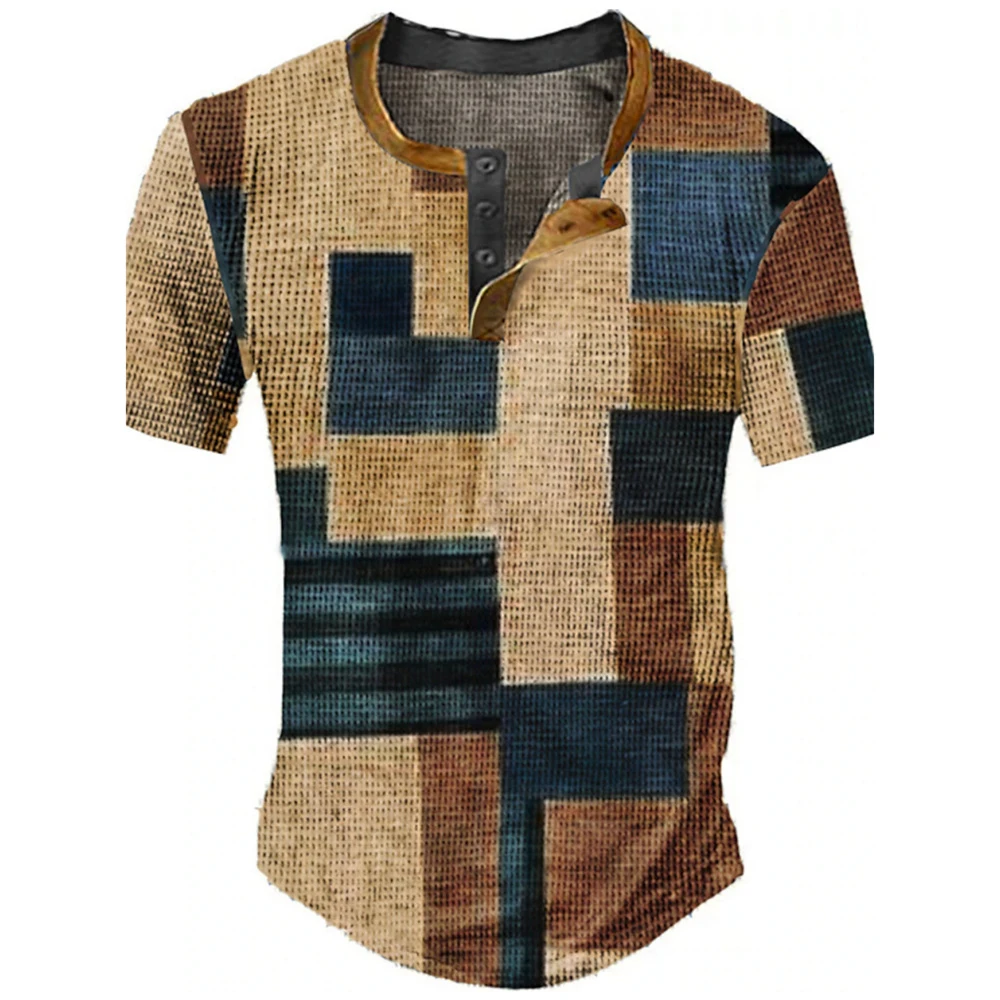 Farbblock-Patchwork Grafik 3D-Druck Henley-Shirts Herren Vintage Mode Übergroße Kurzarm T-Shirts Männer Oberteile Kleidung – Detail 16