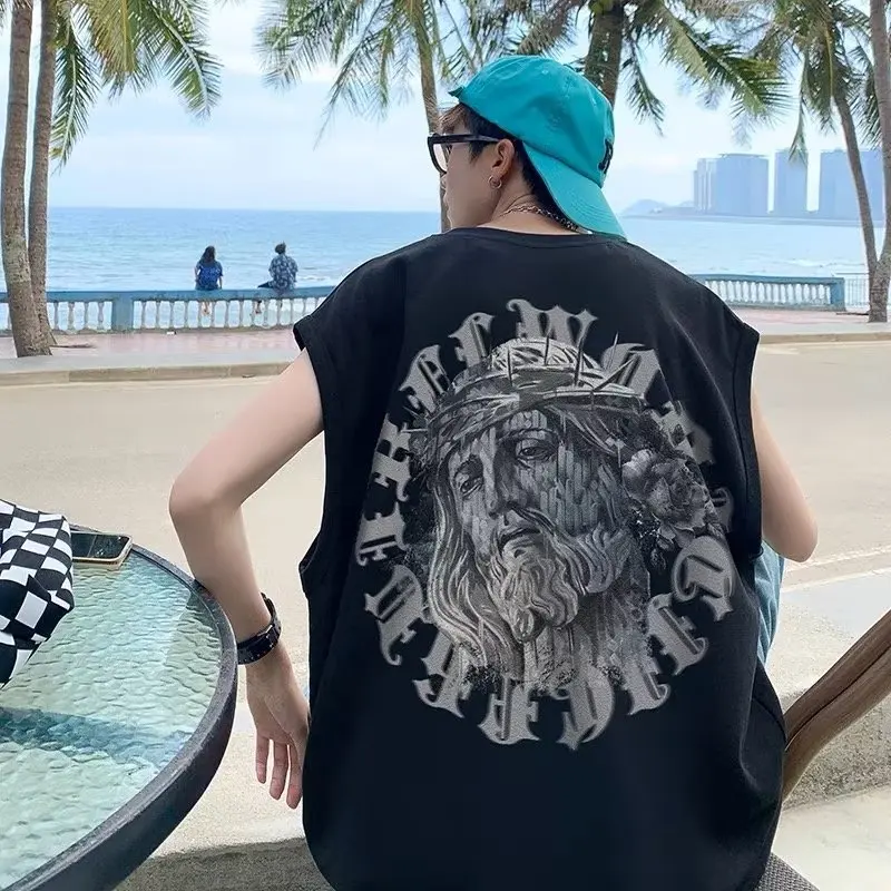 Retro American Style Men's Tank Top Summer New Hip Hop Trendy Loose Casual Shoulder Print Sleeveless T-Shirt Cotton Youth ...