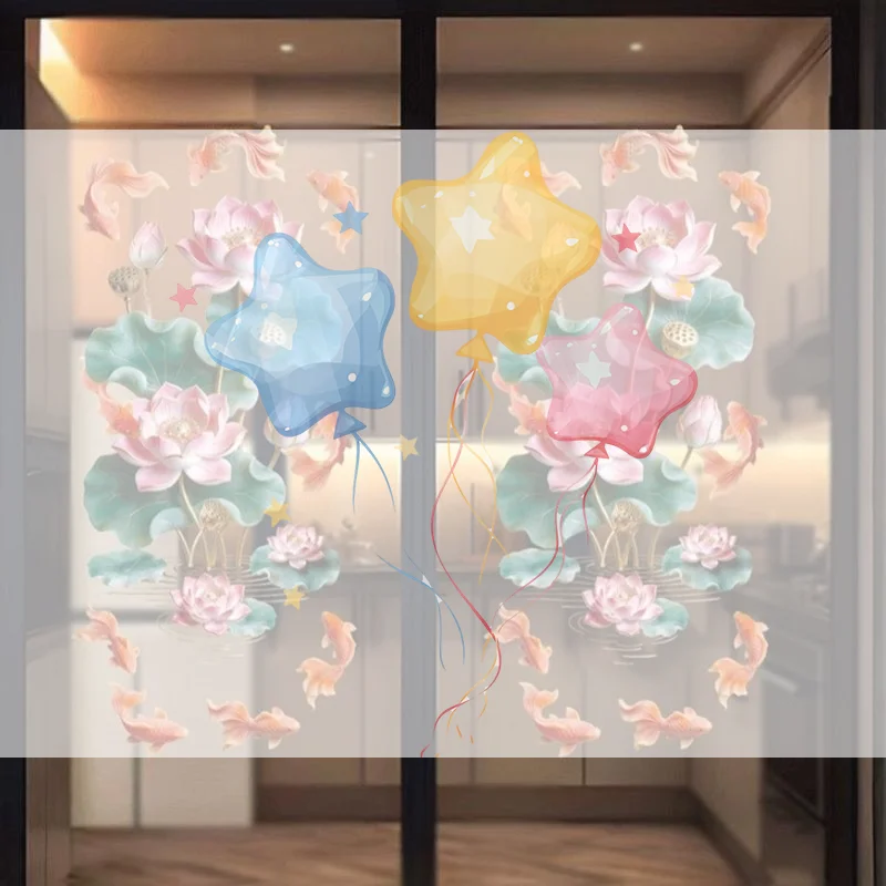 1 Pair Chinese Style Goldfish Lotus Wall Stickers 3D Effect Plastic Glass Door Decals Anti-static Flower Koi Sticker